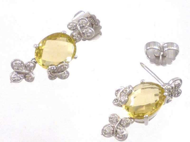 (9.2) 9CT WHITE GOLD, REDUCED BUTTERFLY DESIGN, CITRINE AND DIAMOND SET, DROP EARRINGS 2a